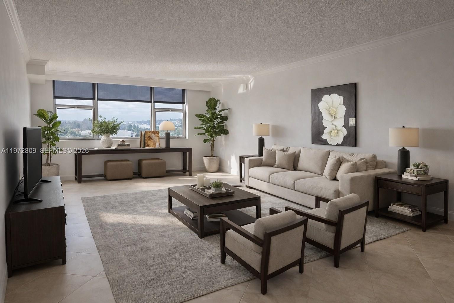 A dining room features a dark wood table with six chairs, a matching sideboard, and a hutch — 3180 S Ocean Dr # 1418, Hallandale Beach FL 33009, HALLANDALE BEACH, FL