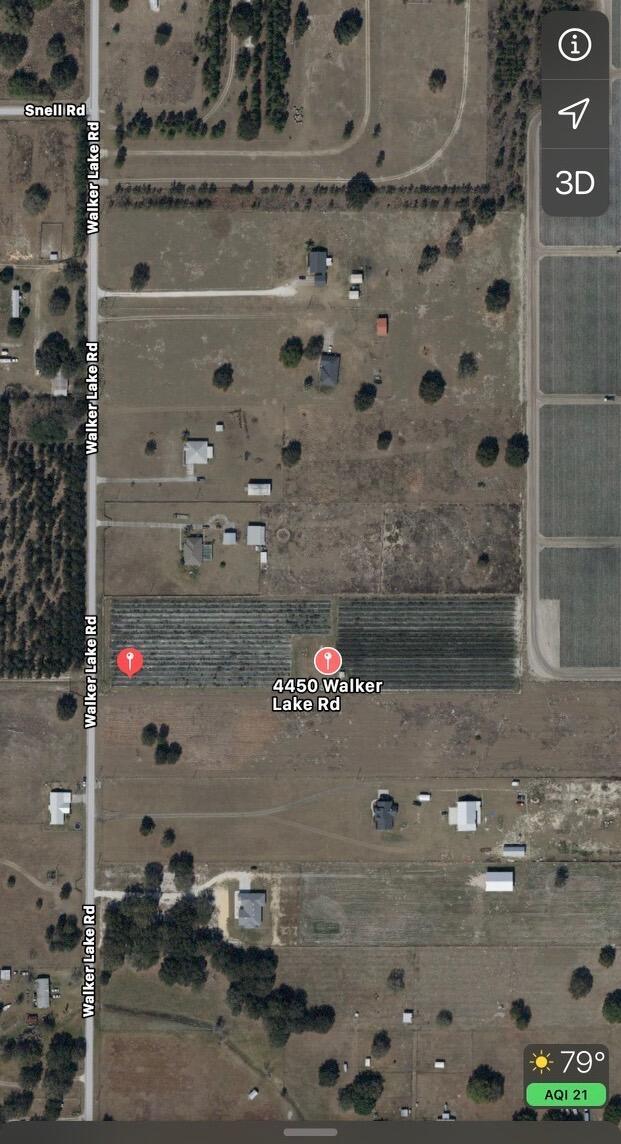This is a satellite map view of a rural property with agricultural land and buildings — 4450 Walker Lake Road, Winter Haven FL 33880, WINTER HAVEN, FL