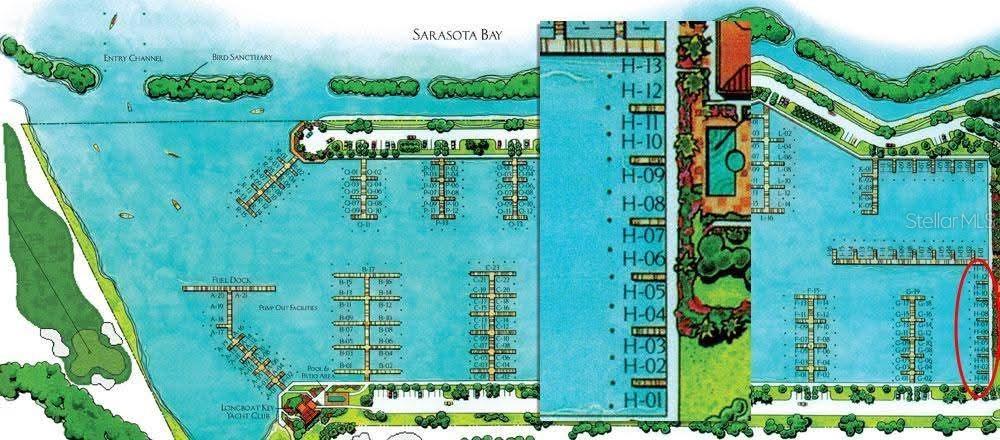 This map shows the layout of a marina with multiple boat slips and docks — 2600 HARBOURSIDE DRIVE UNIT H-04, LONGBOAT KEY, FL
