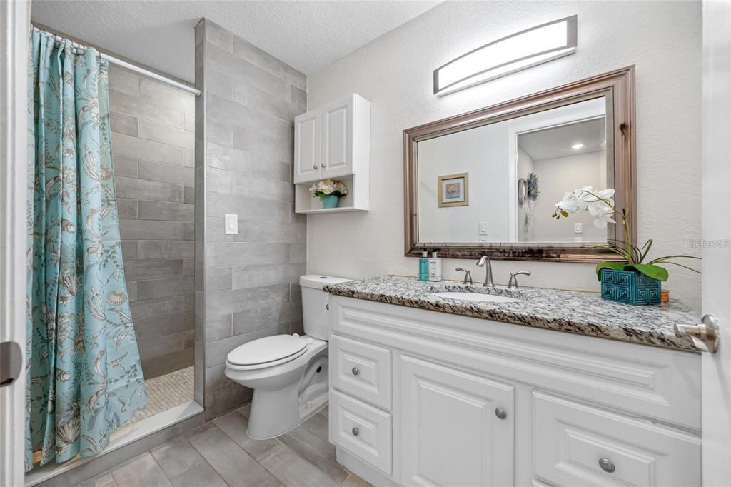A bathroom features a white vanity with granite countertops, a toilet, and a tiled shower — 3295 FOX CHASE UNIT 105, PALM HARBOR, FL