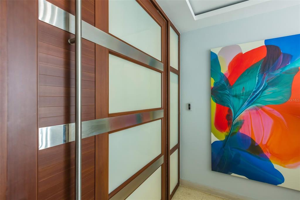 A modern entryway features a wood and frosted glass door beside a colorful abstract painting — 1319 ASHFORD UNIT PH, SAN JUAN, PR
