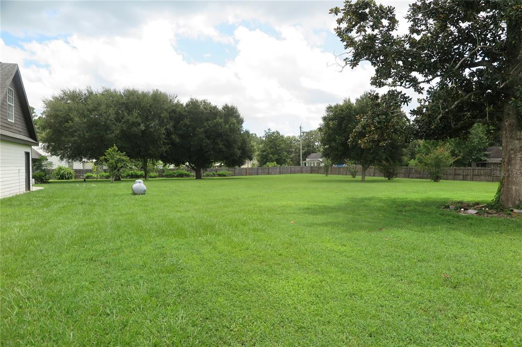 A large, grassy backyard features mature trees, a wooden fence, and a propane tank — 105 SE 1ST AVENUE, LAKE BUTLER, FL