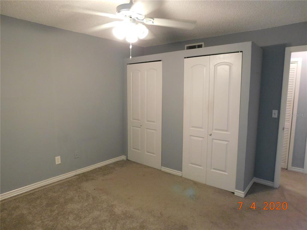 A bedroom features gray walls, beige carpeting, a ceiling fan, and two white closet doors — 6314 NEWTOWN CIRCLE UNIT 14B3, TAMPA, FL