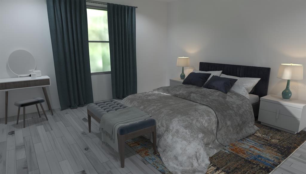 This is a digital rendering of a modern bedroom with a bed, vanity, and curtains — 2665 TRAFALGAR BOULEVARD, KISSIMMEE, FL