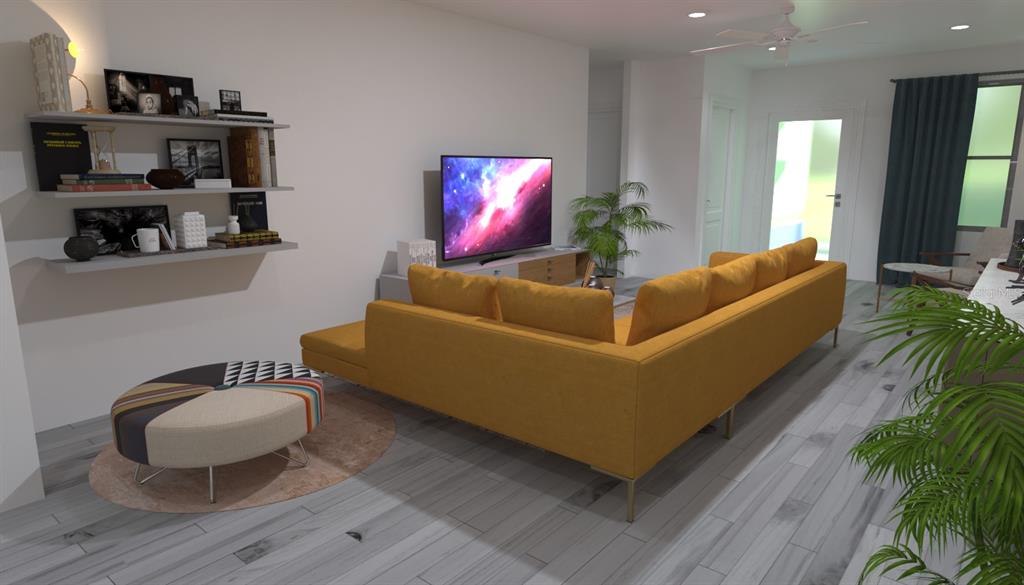 This is a digital rendering of a living room featuring a yellow sectional sofa — 2665 TRAFALGAR BOULEVARD, KISSIMMEE, FL
