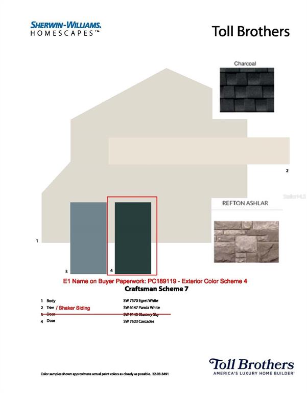 This is a rendering of an exterior color scheme palette for a Toll Brothers home — 2783 ARBOR DUNE AVENUE, APOPKA, FL