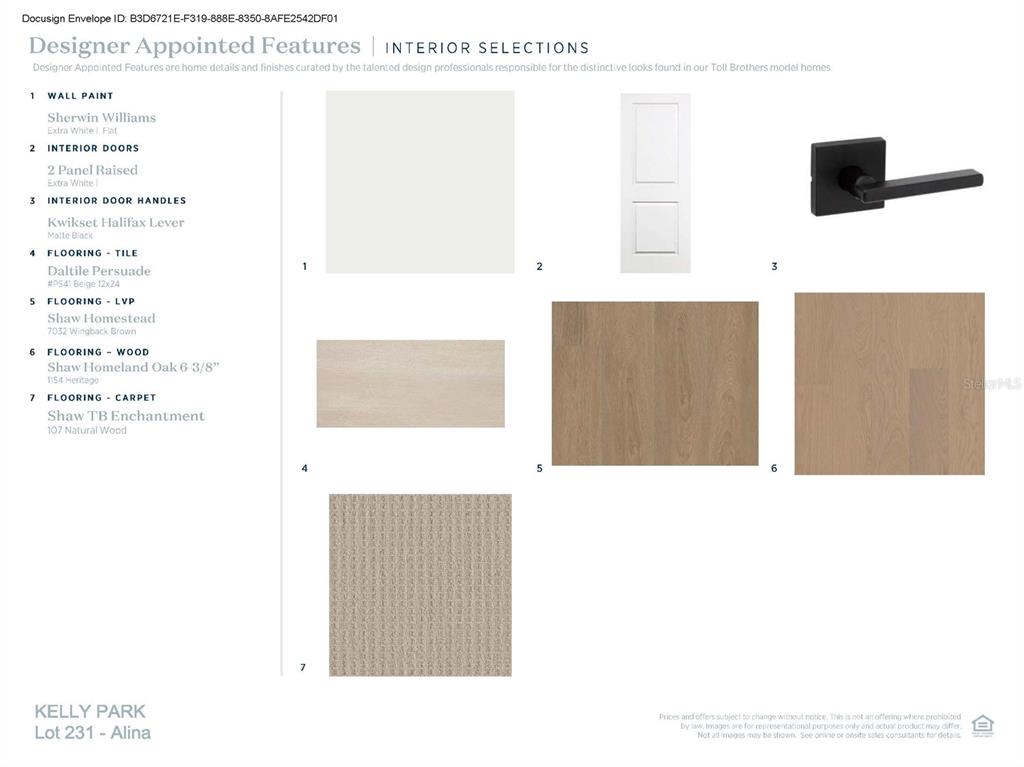 This document displays a list of interior design finishes including paint, doors, hardware, and flooring — 2783 ARBOR DUNE AVENUE, APOPKA, FL