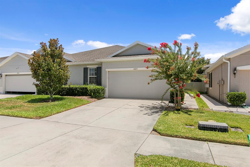 A single-story suburban house with a two-car garage, a concrete driveway, and landscaping — 10631 HERON HIDEAWAY LOOP, LAND O LAKES, FL