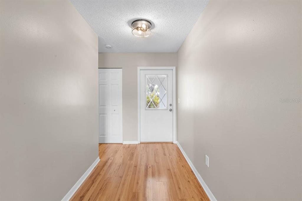 A hallway with light-colored walls, wood-look flooring, a white door, and a ceiling light fixture — 1226 HADDINGTON CIRCLE, SUN CITY CENTER, FL