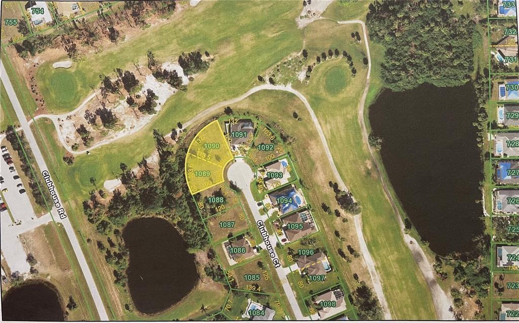 This is a satellite map showing a residential cul-de-sac with highlighted property lots — 20 CLUBHOUSE COURT, ROTONDA WEST, FL