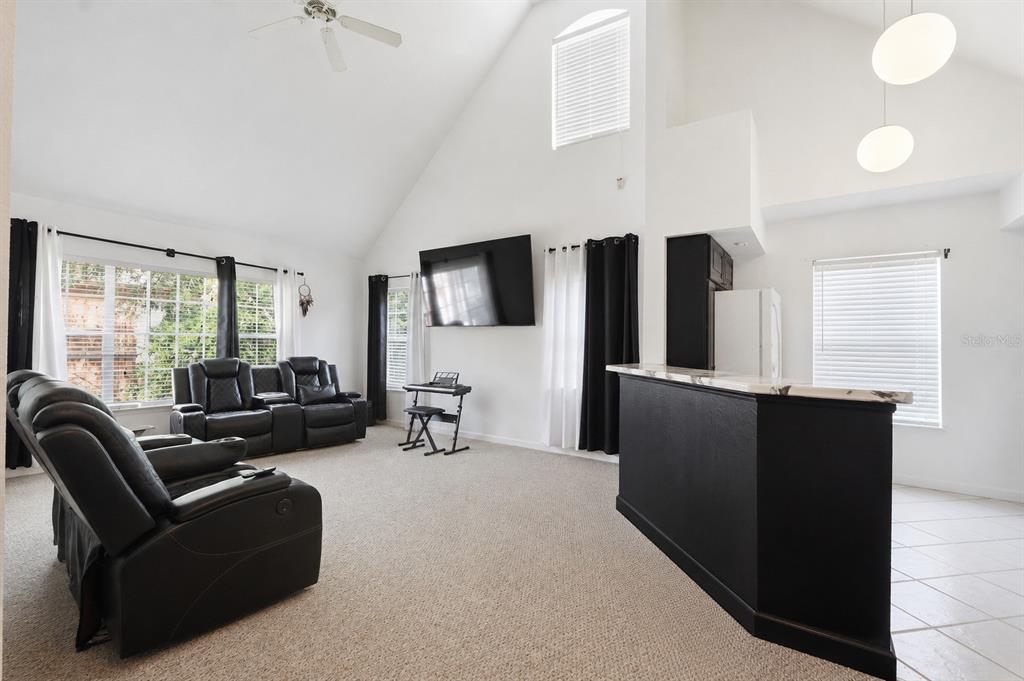 A living room with vaulted ceilings, black leather furniture, and a black kitchen island — 10436 WHITE LAKE COURT UNIT 10436, TAMPA, FL