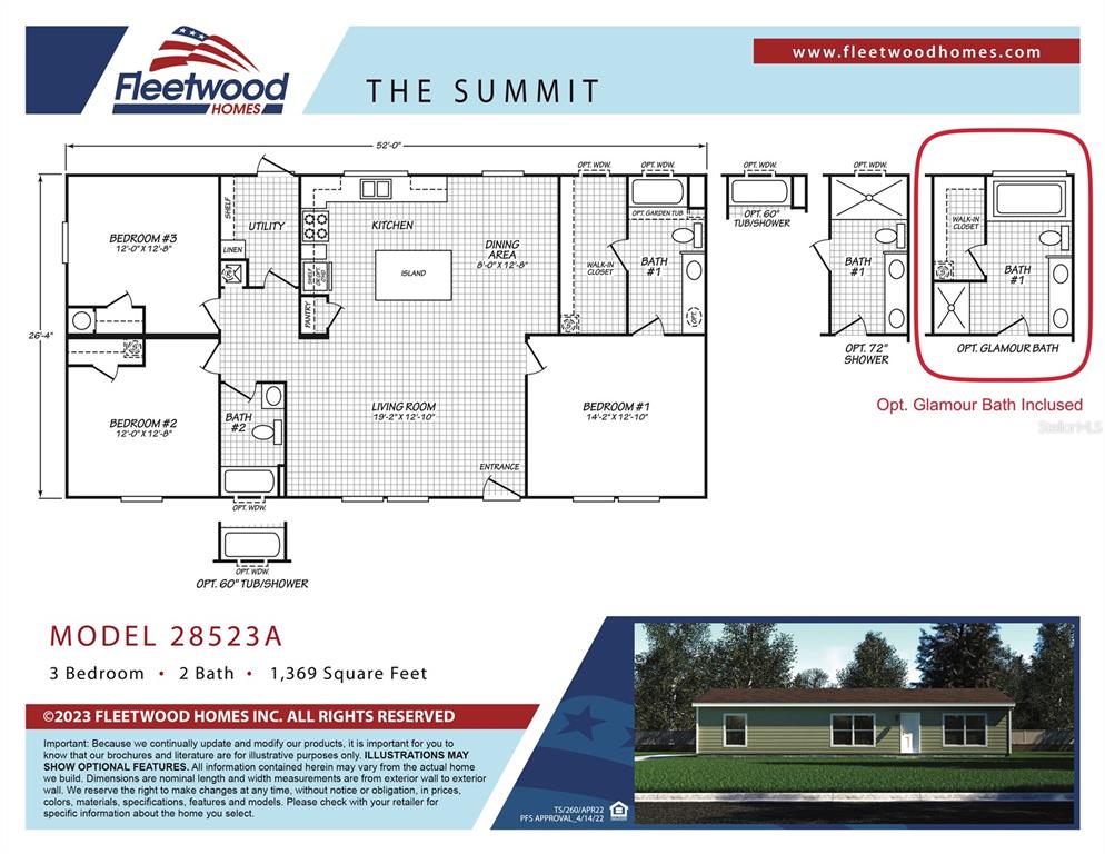 This floor plan shows a three-bedroom, two-bathroom manufactured home with an optional glamour bath layout — 20968 NW 264TH STREET, OKEECHOBEE, FL
