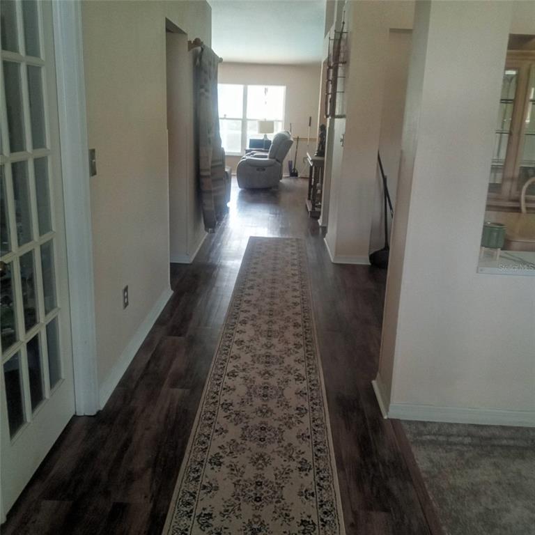 A long hallway with dark wood-look flooring and a patterned runner rug leads toward a living area — 15301 MONTREAT WAY, TAMPA, FL