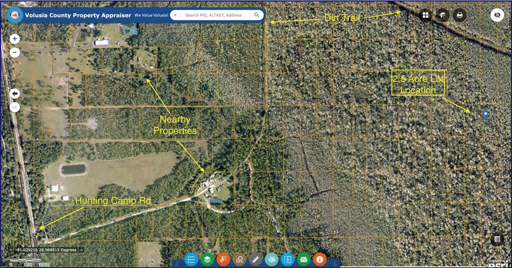 This map shows a 2.5-acre wooded lot location near Hunting Camp Road in Volusia County — UNINCORPORATED, NEW SMYRNA BEACH, FL