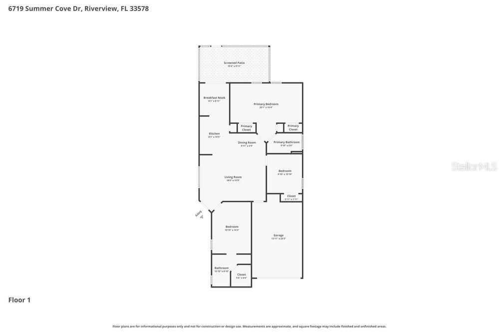This is a floor plan for a single-story residential home with a garage and patio — 6719 SUMMER COVE DRIVE, RIVERVIEW, FL