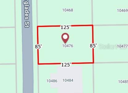 This map shows the rectangular property boundaries and dimensions of a vacant lot — 10476 PORT EVERGLADES STREET, PORT CHARLOTTE, FL