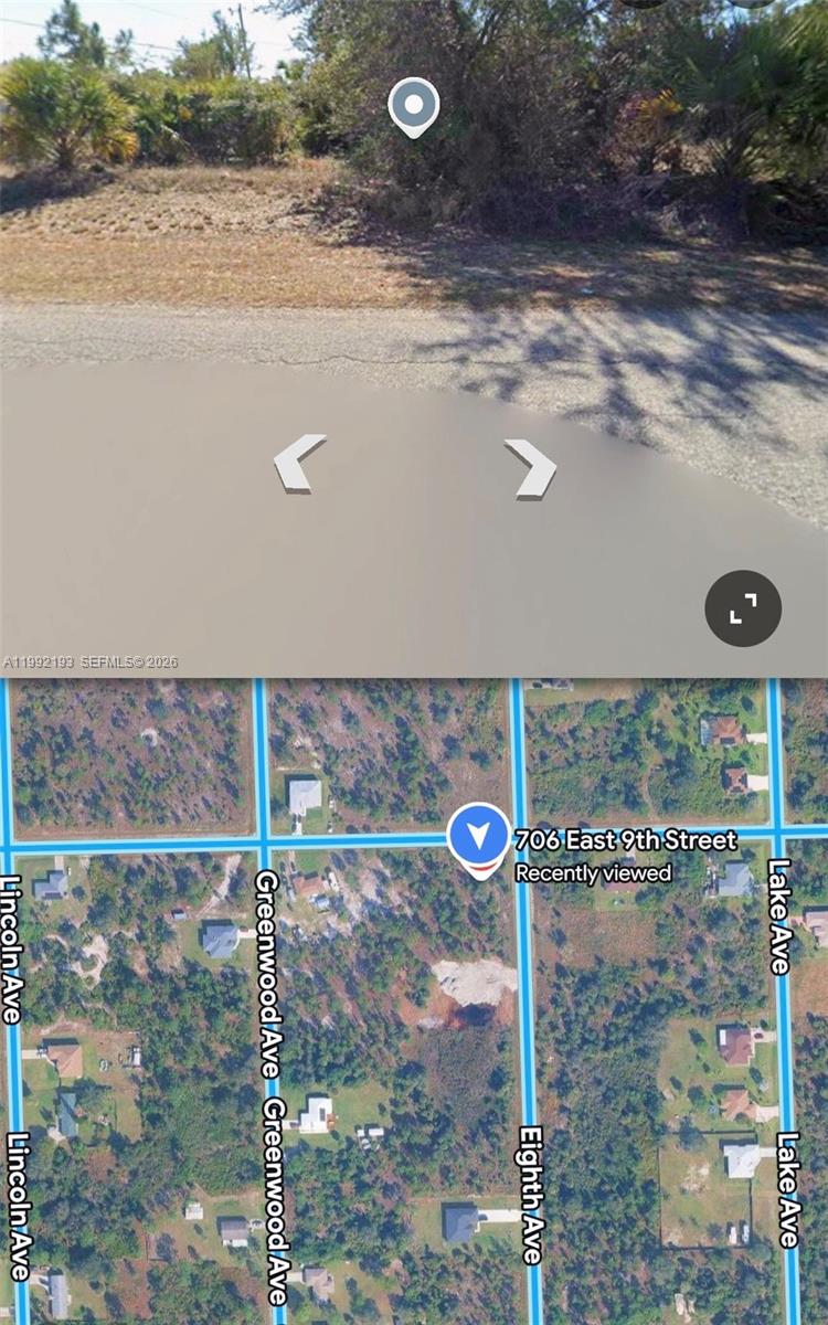 This image shows a street-level view of a vacant lot and a satellite map — 706 E 9 st, Lehigh Acres FL 33972, LEHIGH ACRES, FL