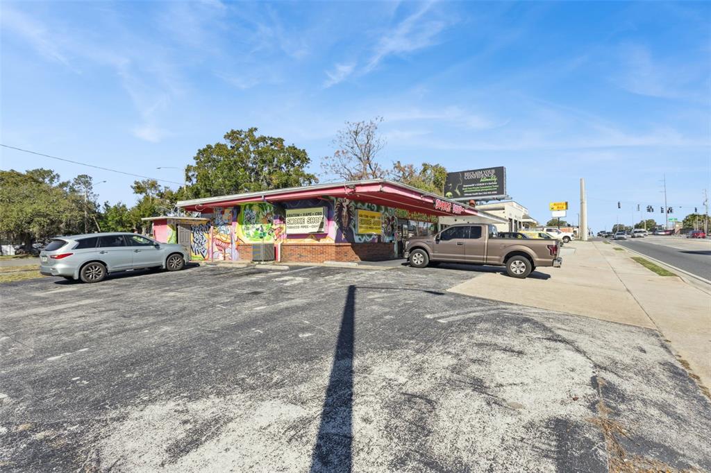 A single-story smoke shop with a mural-covered exterior and a parking lot in front — 107 S 14TH STREET, LEESBURG, FL