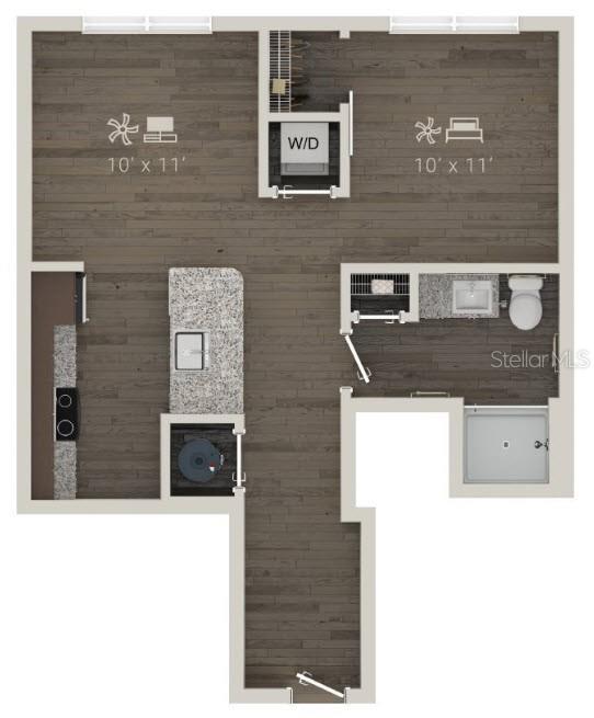This floor plan shows a one-bedroom apartment with an open kitchen, bathroom, and laundry closet — 1420 LAKEFRONT DRIVE UNIT ST-3303, SARASOTA, FL