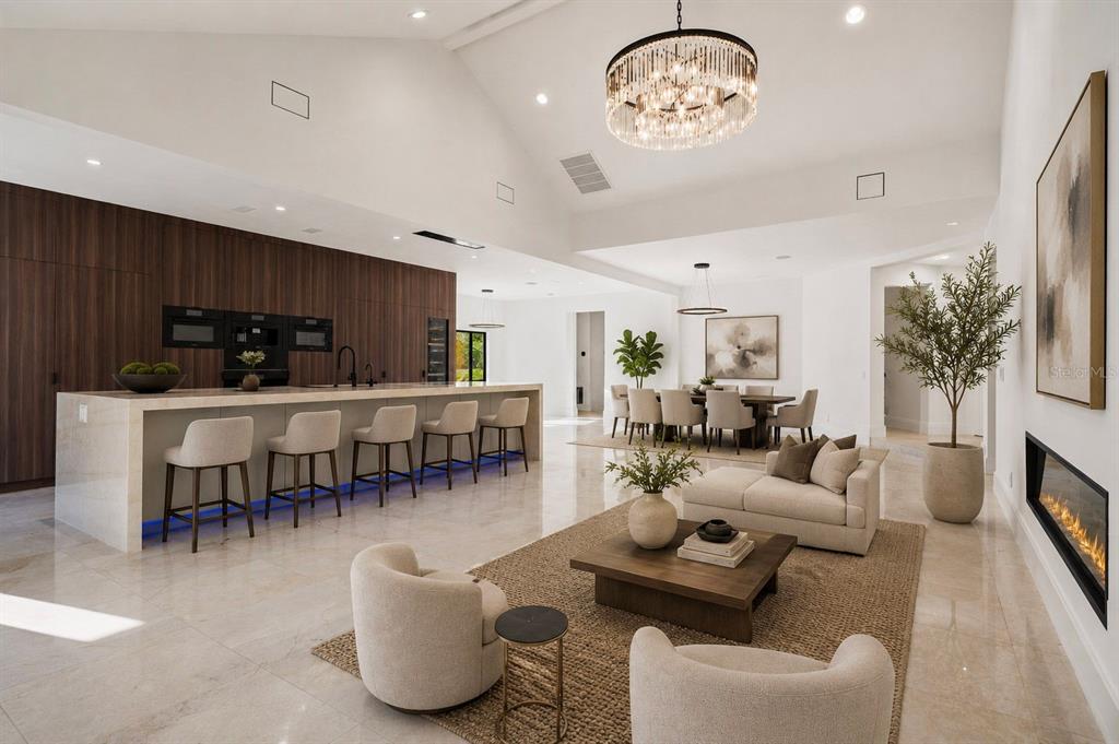An open-concept living area features a kitchen island, dining table, and fireplace with modern finishes — 2521 LAKE ELLEN DRIVE, TAMPA, FL