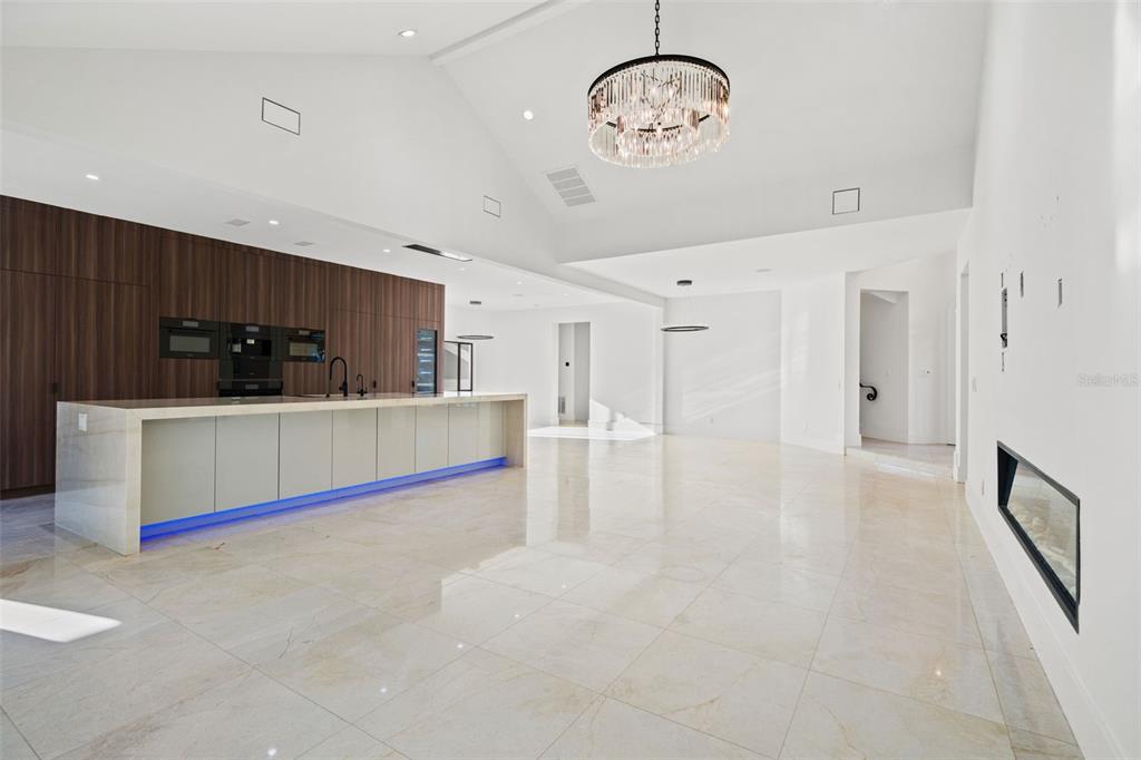 A modern kitchen and living area features a large island, wood cabinetry, and vaulted ceilings — 2521 LAKE ELLEN DRIVE, TAMPA, FL