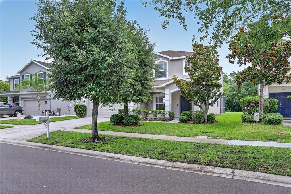 A two-story suburban house with a gray exterior, a paved driveway, and mature landscaping — 8821 N RIVER ROAD, TAMPA, FL