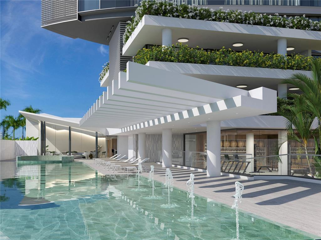 This architectural rendering shows a modern building exterior with a swimming pool and water fountains — 611 BALDORIOTY DE CASTRO BOULEVARD UNIT 603, SAN JUAN, PR