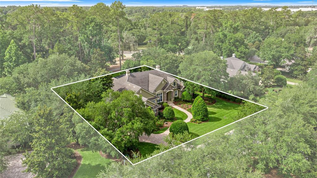 An aerial view shows a single-story house with a tiled roof surrounded by lush trees — 3135 NW 79TH AVENUE ROAD, OCALA, FL