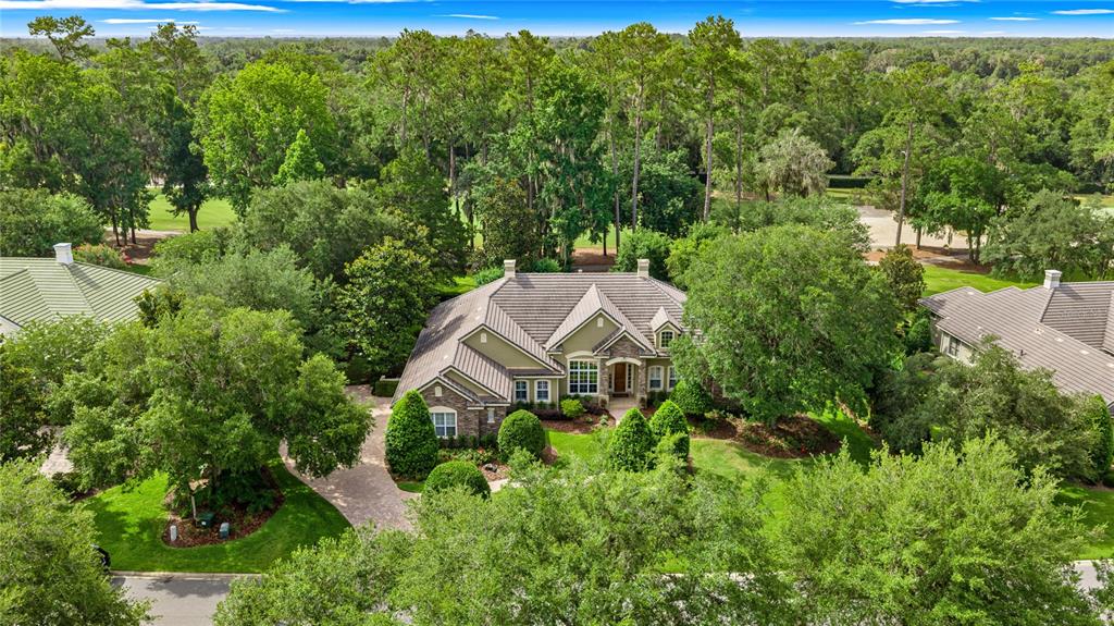An aerial view shows a multi-gabled house with a paved driveway surrounded by lush trees — 3135 NW 79TH AVENUE ROAD, OCALA, FL
