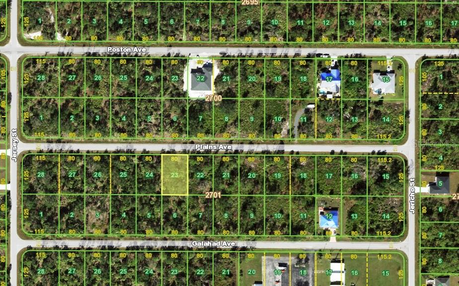 This is a satellite map showing residential lots and streets in a suburban neighborhood — 17435 PLAINS AVENUE, PORT CHARLOTTE, FL