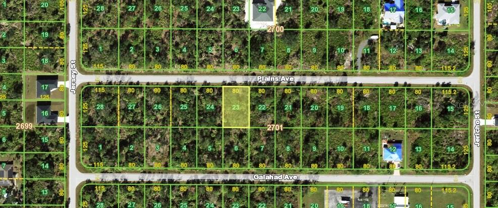 This is an aerial map showing a highlighted vacant residential lot among other subdivided parcels — 17435 PLAINS AVENUE, PORT CHARLOTTE, FL