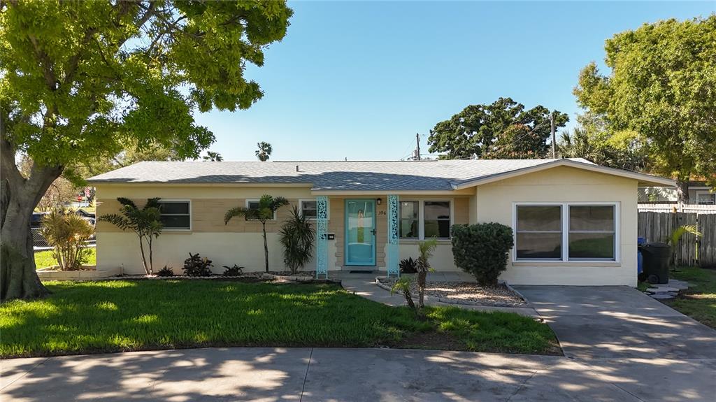 A single-story house with a light yellow exterior, a blue front door, and a driveway — 396 LEWIS BOULEVARD SE, ST PETERSBURG, FL