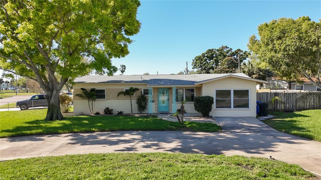A single-story house with a light-colored exterior, a turquoise front door, and a concrete driveway — 396 LEWIS BOULEVARD SE, ST PETERSBURG, FL