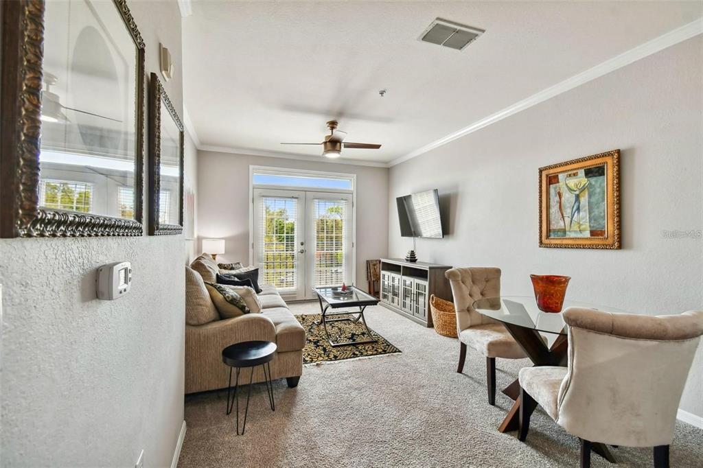 A living and dining area features carpeted floors, a ceiling fan, and a glass door — 4221 W SPRUCE STREET UNIT 2323, TAMPA, FL