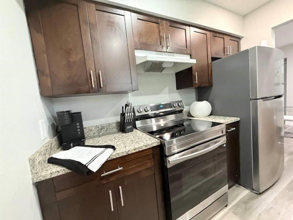 A kitchen features dark wood cabinets, granite countertops, and stainless steel appliances — 332 AVENUE D SE, WINTER HAVEN, FL