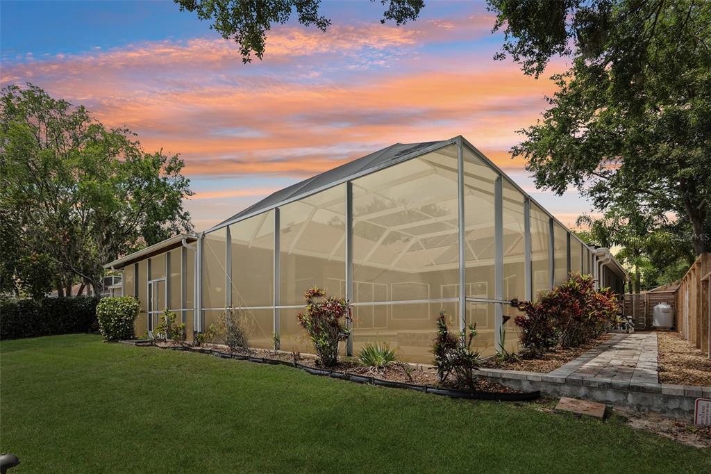 A screened-in pool enclosure sits in a backyard with a lawn and mature trees — 15720 BEREA DRIVE, ODESSA, FL