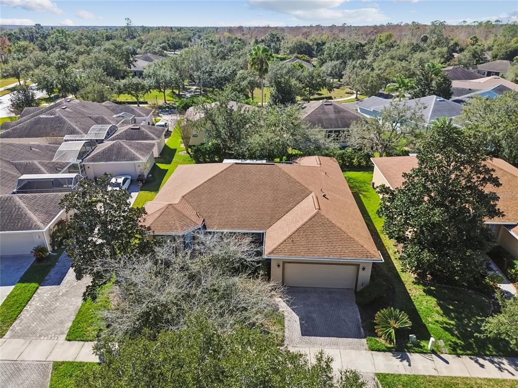 A grassy backyard features a screened-in patio and a tall hedge along the property line — 308 BEACON AVENUE, KISSIMMEE, FL