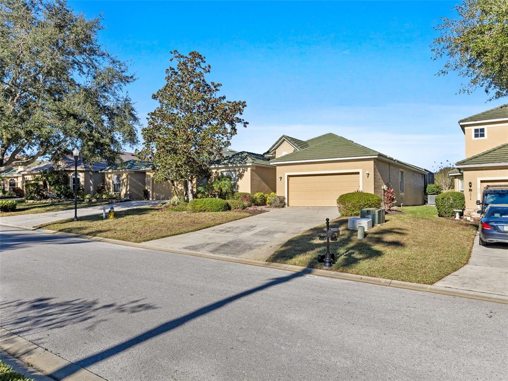 A single-story house with a tan exterior, green roof, and a two-car garage — 13235 PALMILLA CIRCLE, DADE CITY, FL