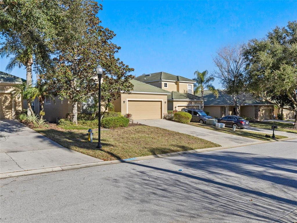 A street view of suburban houses with tan stucco exteriors and green tile roofs — 13235 PALMILLA CIRCLE, DADE CITY, FL