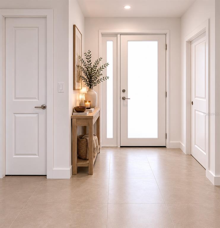 This rendering shows a bright entryway with light tile flooring, a wooden console table, and doors — 3114 23 STREET W, LEHIGH ACRES, FL