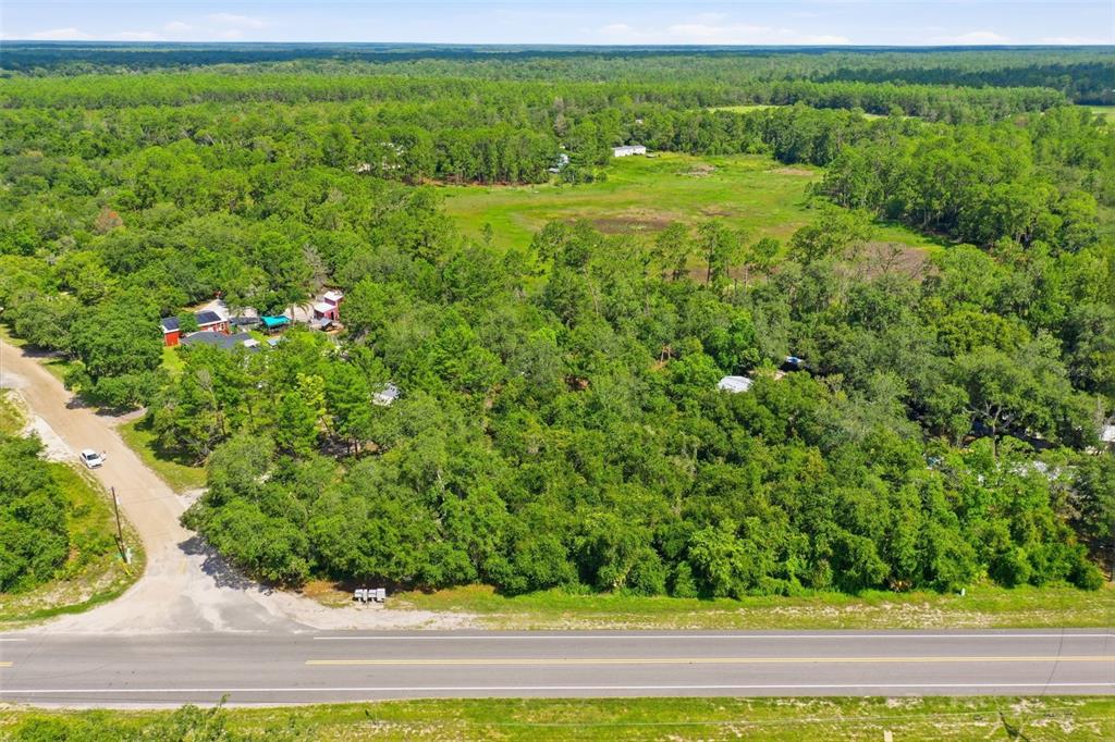 An aerial view shows a wooded lot with a house and driveway beside a road — STATE ROAD 44, EUSTIS, FL