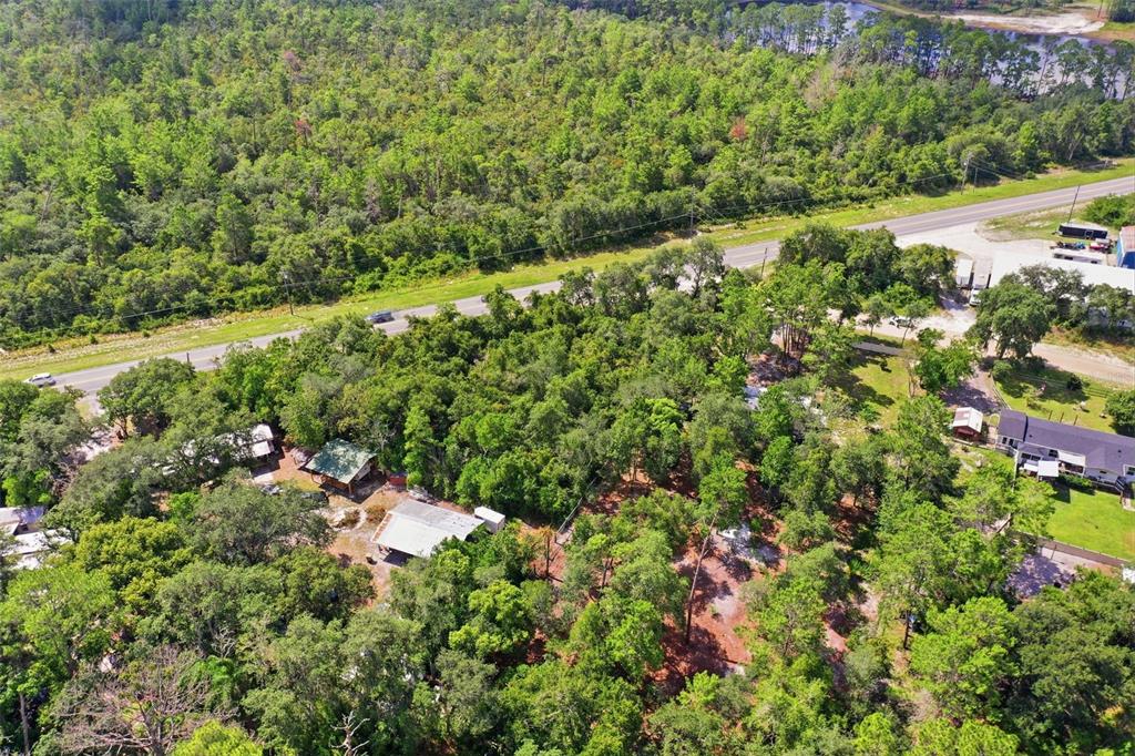 An aerial view shows a wooded property with several small buildings near a paved road — STATE ROAD 44, EUSTIS, FL