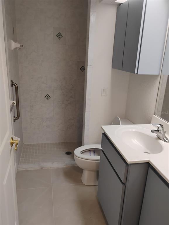 A bathroom features a walk-in shower, a toilet, and a vanity with a gray cabinet — 5905 CLEVELAND DRIVE, PUNTA GORDA, FL