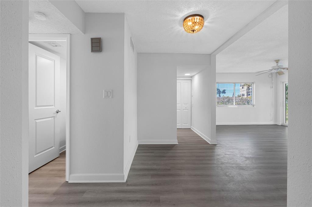 A view of a hallway leading to a living area with gray wood-look flooring — 1451 GULF BOULEVARD UNIT 101, CLEARWATER BEACH, FL
