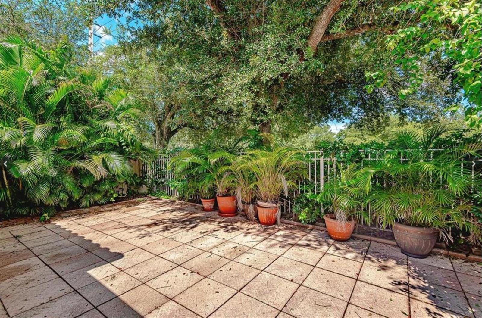 A paved patio features several potted palm plants lined up against a white metal fence — 4025 Tree Tops Road, Cooper City FL 33026, COOPER CITY, FL