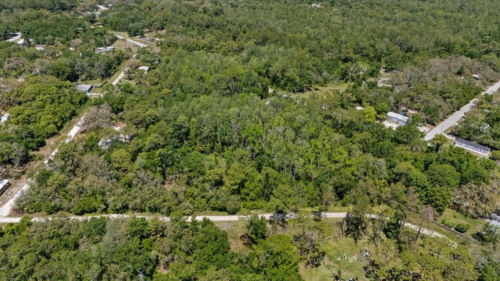 An aerial view shows a densely wooded lot surrounded by residential roads and scattered houses — 12914 MIDVALE AVENUE, NEW PORT RICHEY, FL