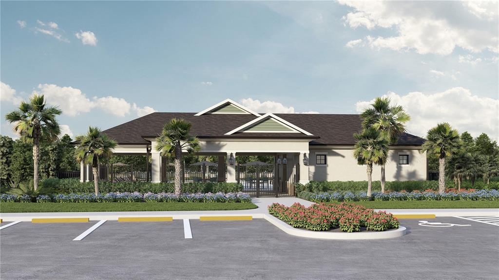 This is a rendering of a single-story community clubhouse with palm trees and parking — 9898 PELICAN COAST DRIVE, DADE CITY, FL