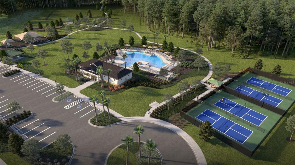 This rendering shows a community amenity center with a swimming pool, parking lot, and tennis courts — 9898 PELICAN COAST DRIVE, DADE CITY, FL