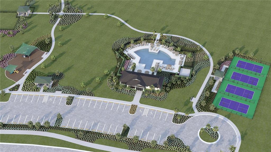 This rendering shows a community amenity center with a pool, clubhouse, parking, and tennis courts — 9898 PELICAN COAST DRIVE, DADE CITY, FL