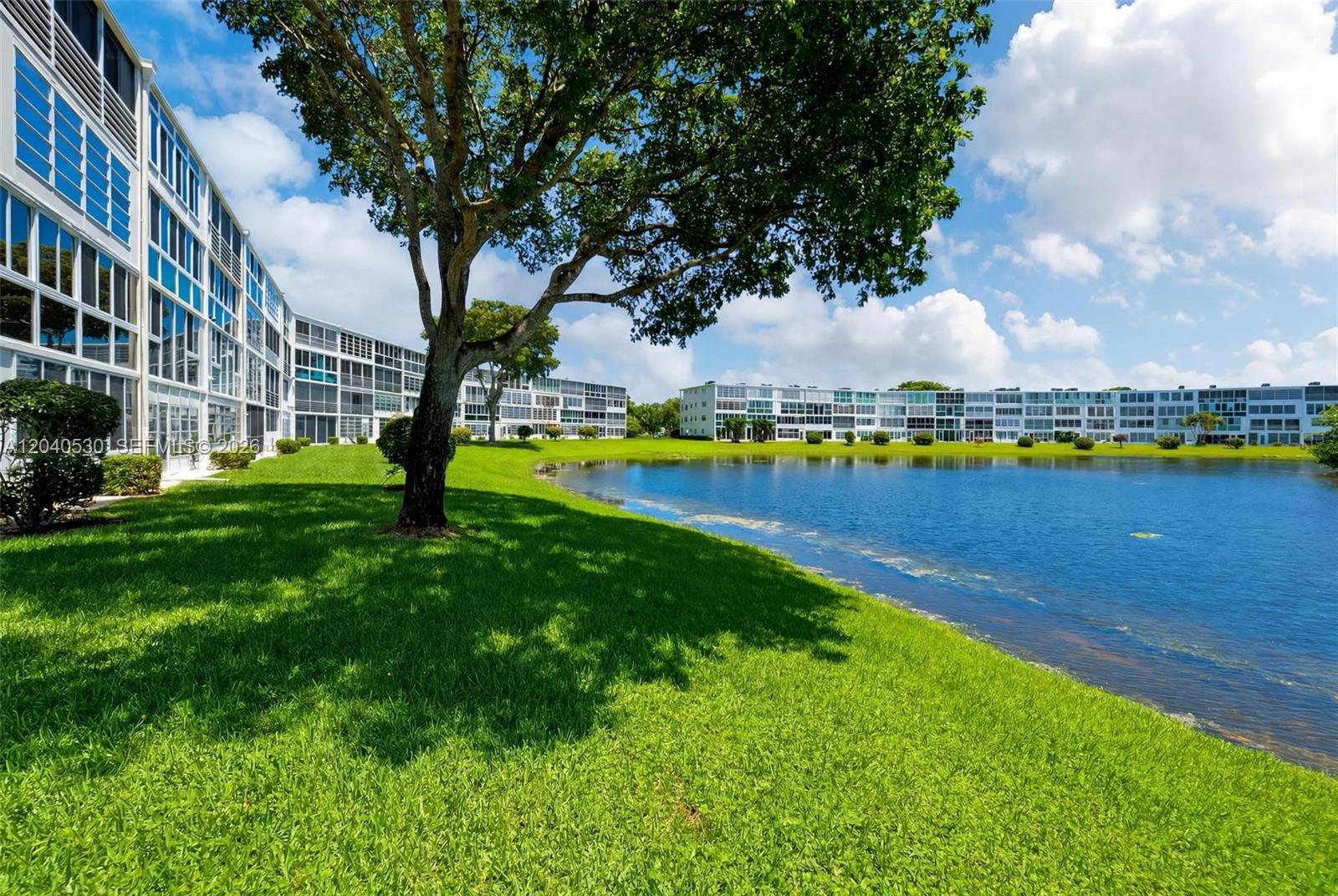 A multi-story apartment building overlooks a lake with a large tree in the foreground — 4001 Ashby C # 4001, Deerfield Beach FL 33442, DEERFIELD BEACH, FL
